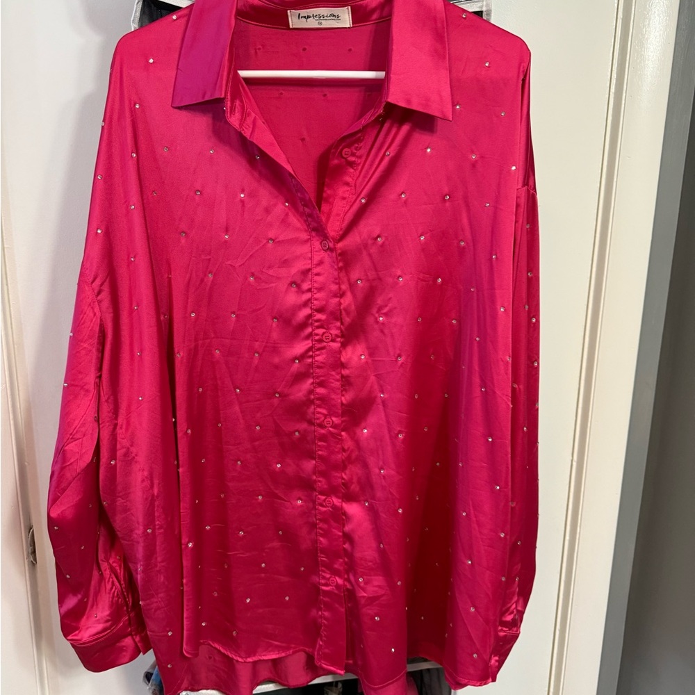 Satin Pink blouse with rhinestone detail!